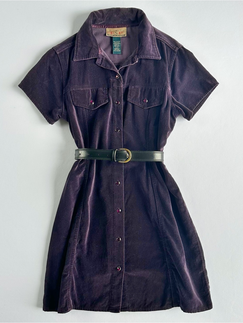 90s Vintage Plum Purple Velvet Mini Dress 100% Cotton Pearl Snap Button